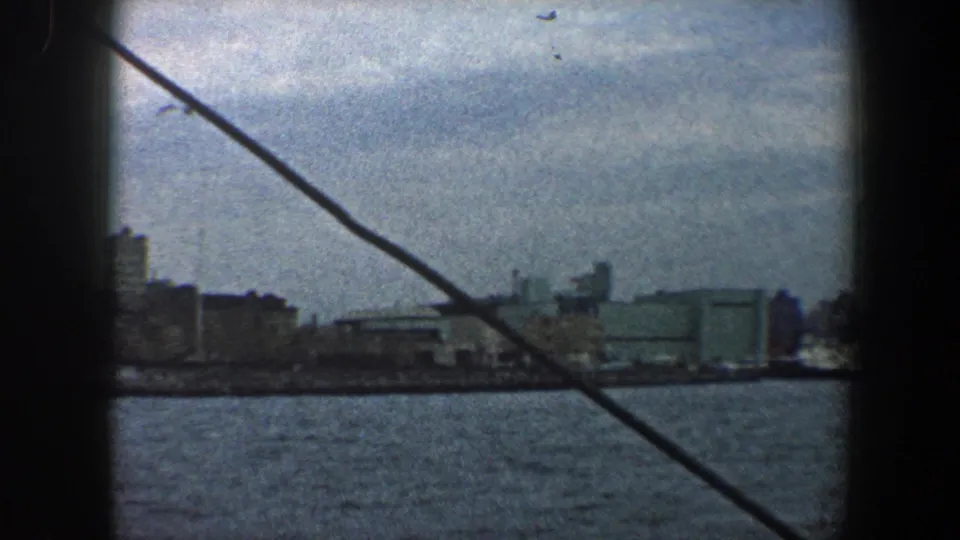 New York harbor scene with industrial buildings, skyline shapes, a diagonal cable, and a bird in the sky.