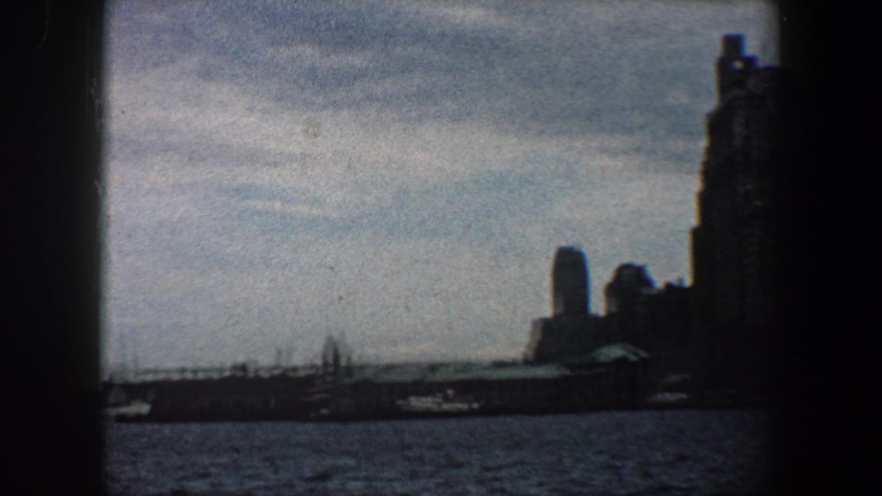 Distant New York City skyline across harbor water with dark film borders.