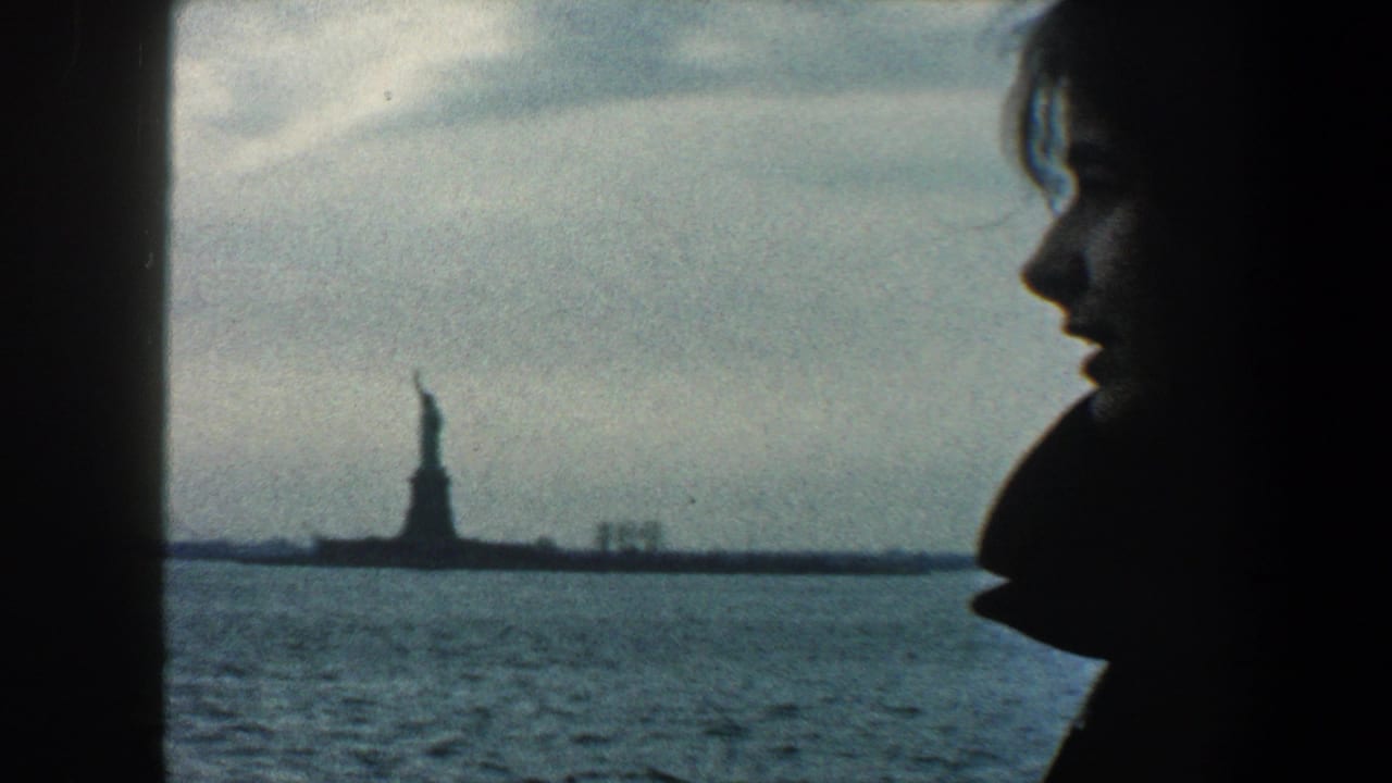 Profile of a woman beside a boat frame with the Statue of Liberty in the distance.