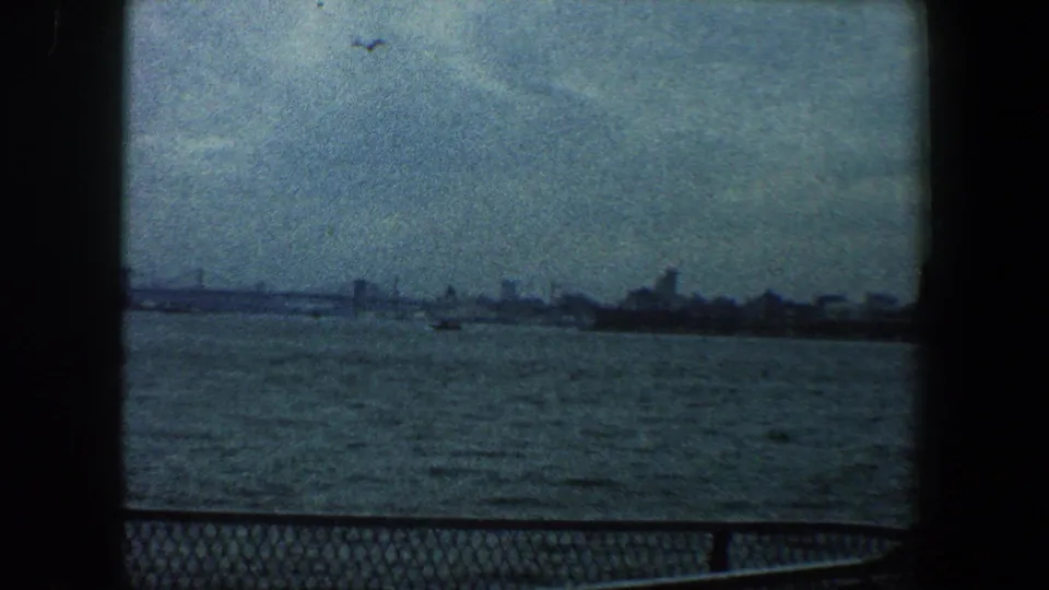 A 1960 New York City shipboard view shows open water, deck railing, distant shoreline, and a bird flying above the harbor scene.