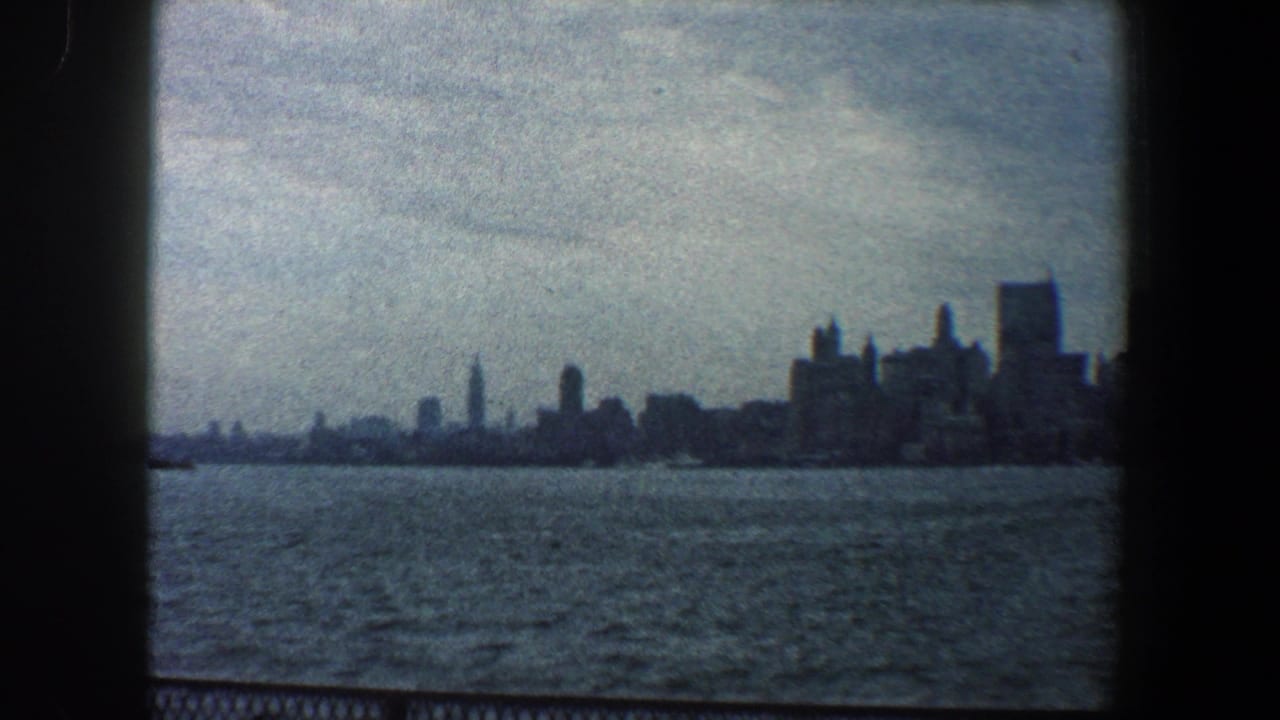 Distant New York City skyline across choppy water under an overcast sky.