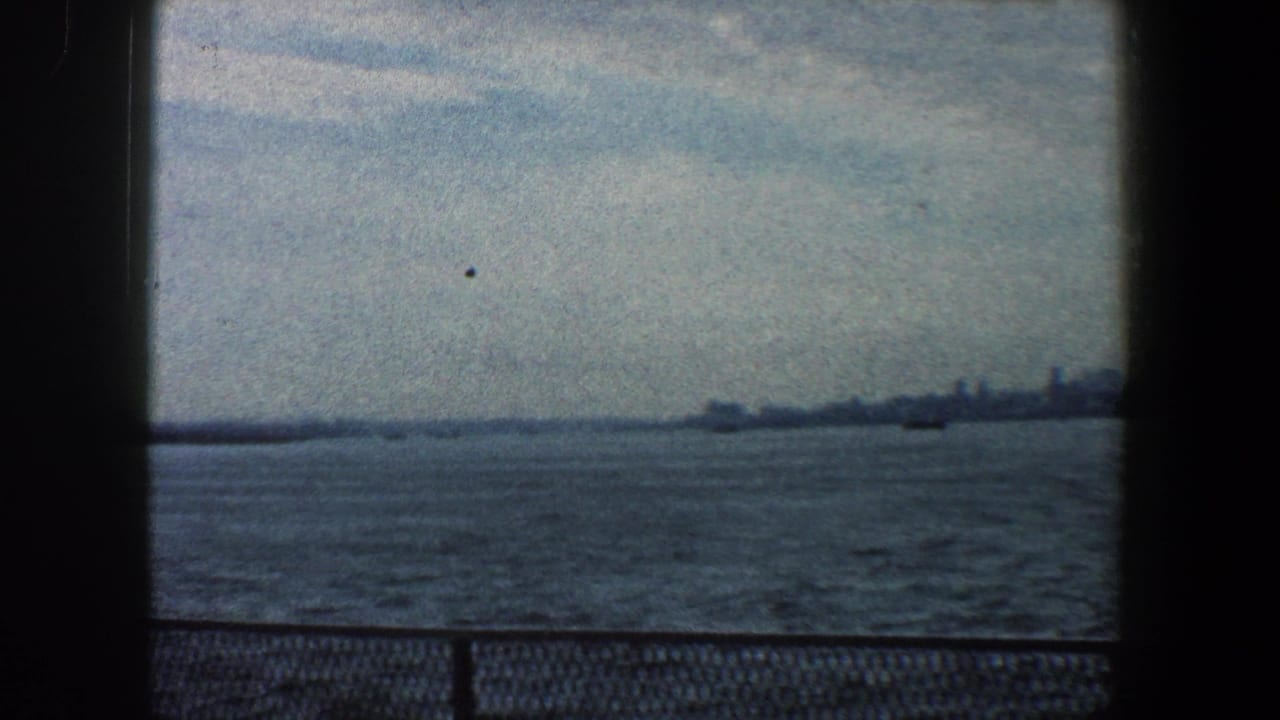 Distant shoreline and city skyline across choppy water under an overcast sky.