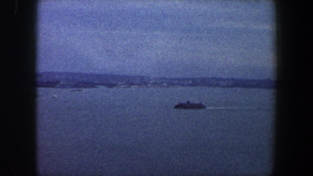 Ship crossing open harbor water with a low skyline on the horizon.