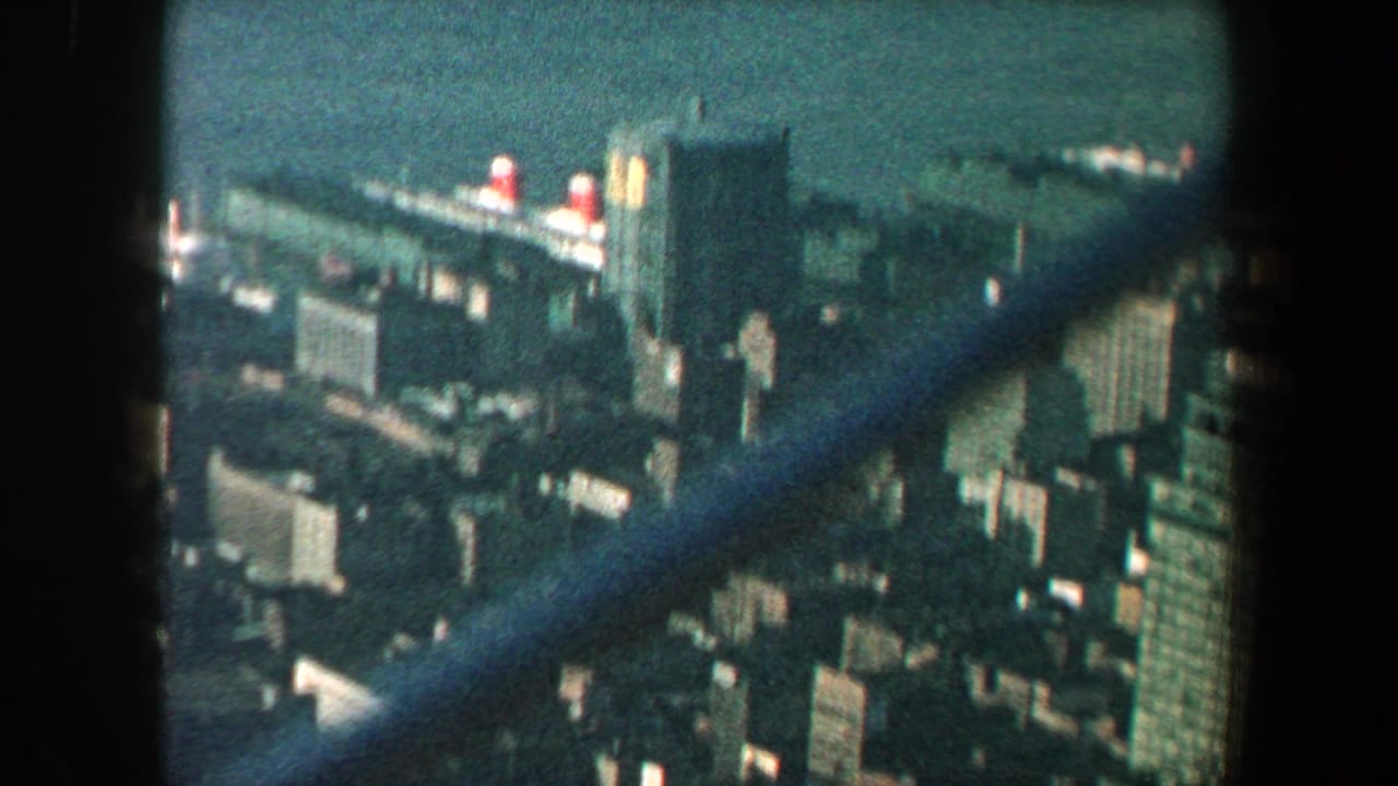 Manhattan buildings and waterfront seen behind diagonal fence bars.