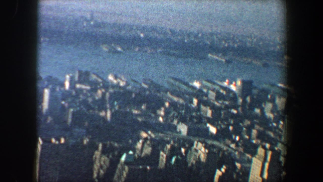 Soft aerial view of urban towers, riverfront structures, and water beyond.