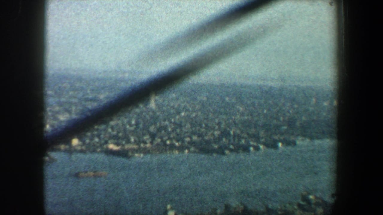 Aerial view of water and dense city blocks seen through aircraft window struts.