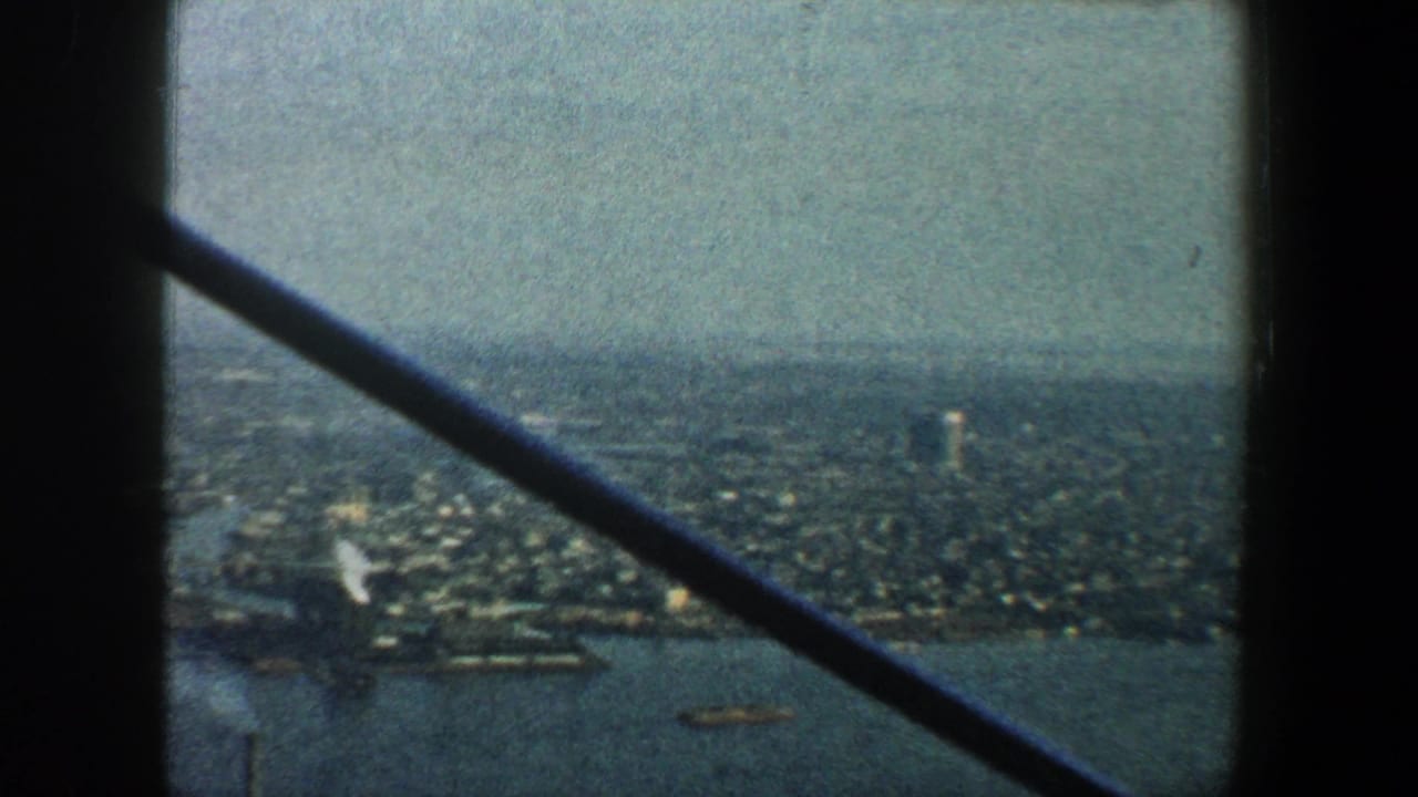 City waterfront and piers viewed from above with a dark diagonal window brace.