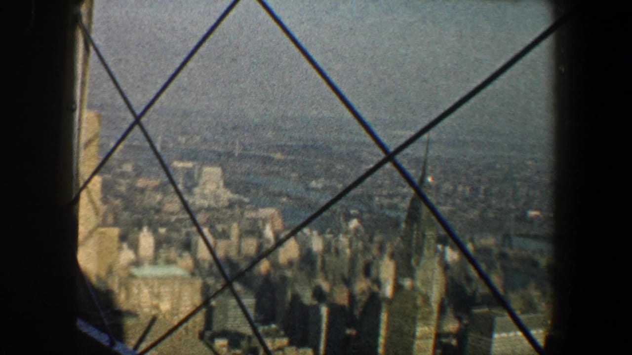 City skyline and distant river framed by crossed iron window bars.