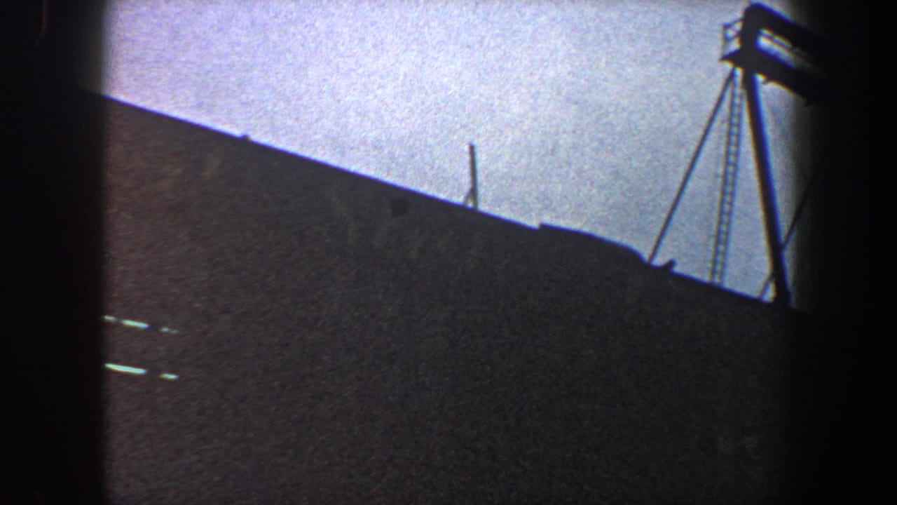 Dark structural surface beneath pale sky with silhouetted beams and cable lines.