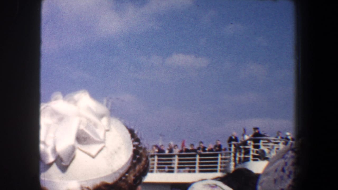 White hat with a large fabric flower in the foreground and passengers along a ship railing.