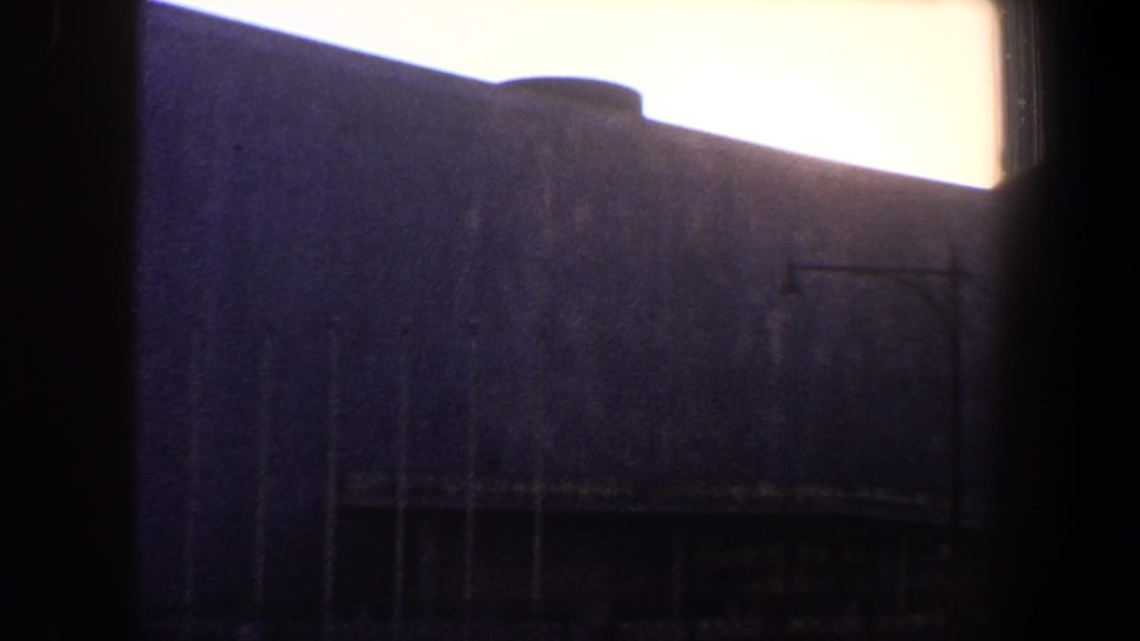 Large dark building with a curved roofline seen through vertical window frames.