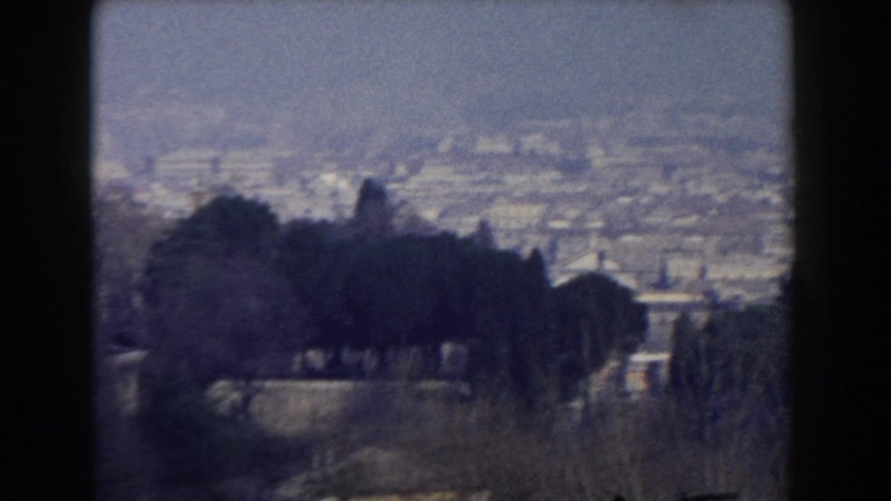 1959 Rome home-movie frame showing dark trees and sloping parkland in the foreground with the city softened by haze beyond.
