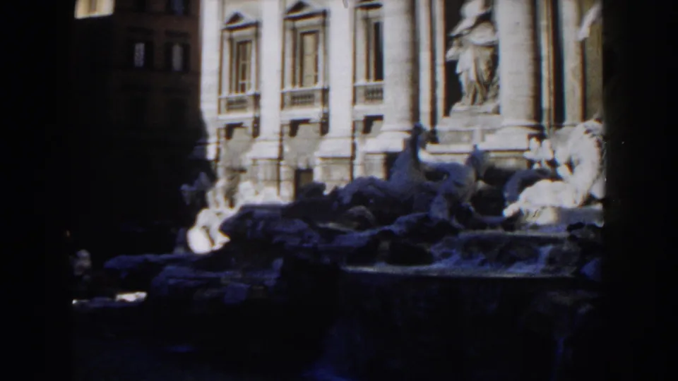 A slightly wider 1959 Rome view shows the Trevi Fountain's columns, niches, carved rocks, and shadowed lower basin.