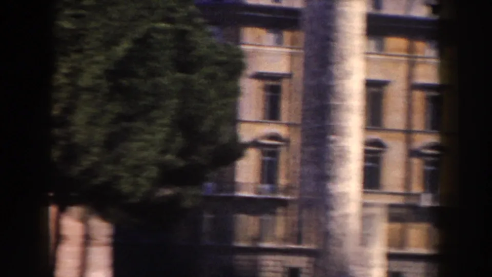 1959 Rome 8mm frame showing a multi-story classical facade behind trees and tall palm trunks in soft color film.