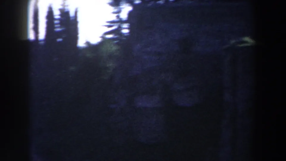 1959 8mm Rome travel footage shows dark trees and indistinct ancient stonework at the edge of the frame.