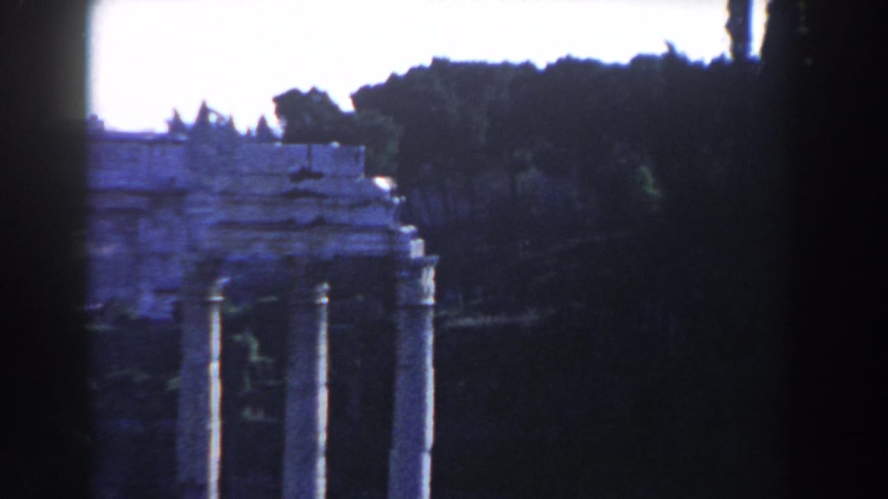 Weathered stone columns and a crumbling wall among trees and shrubs.