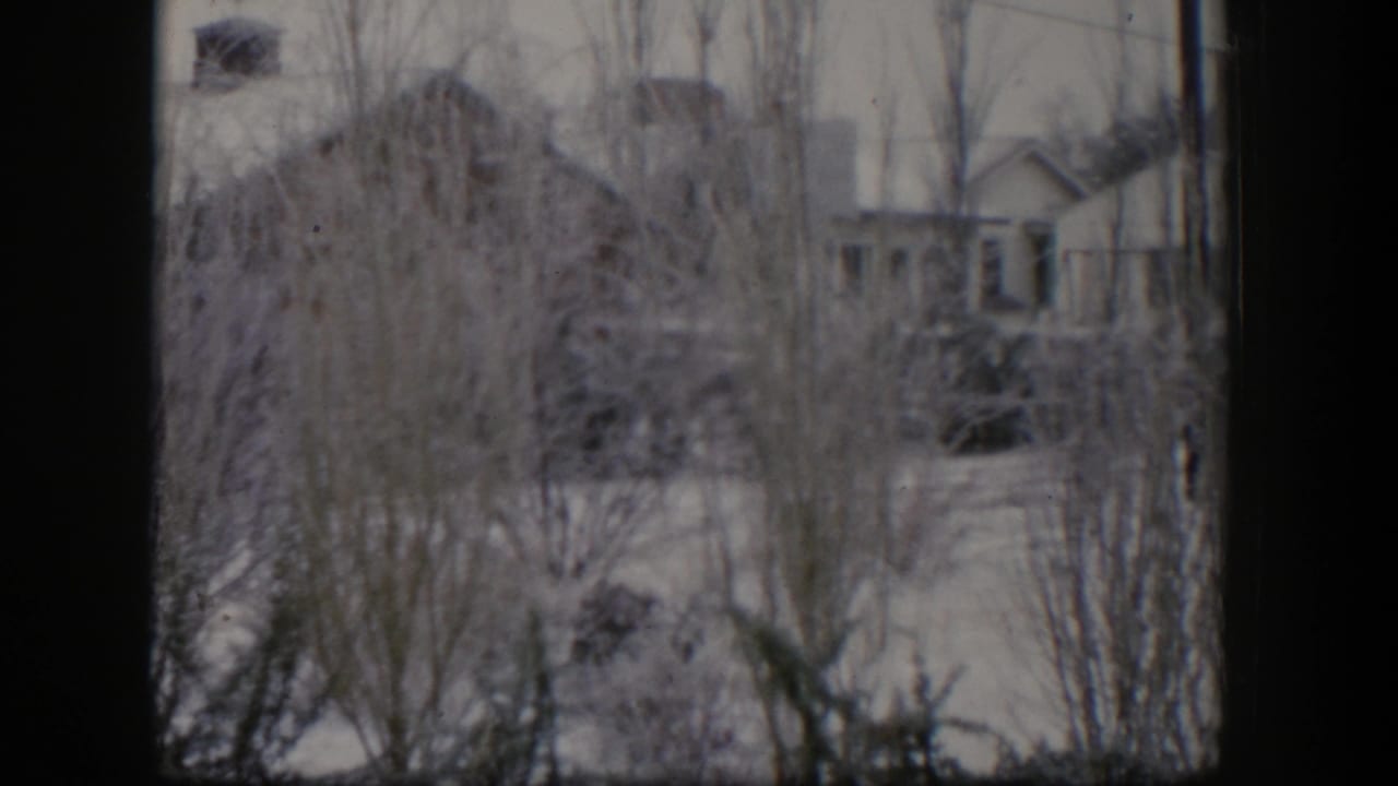 1954 Nevada 8mm frame showing bare winter trees, snow-covered ground, utility lines, and distant small residential buildings.