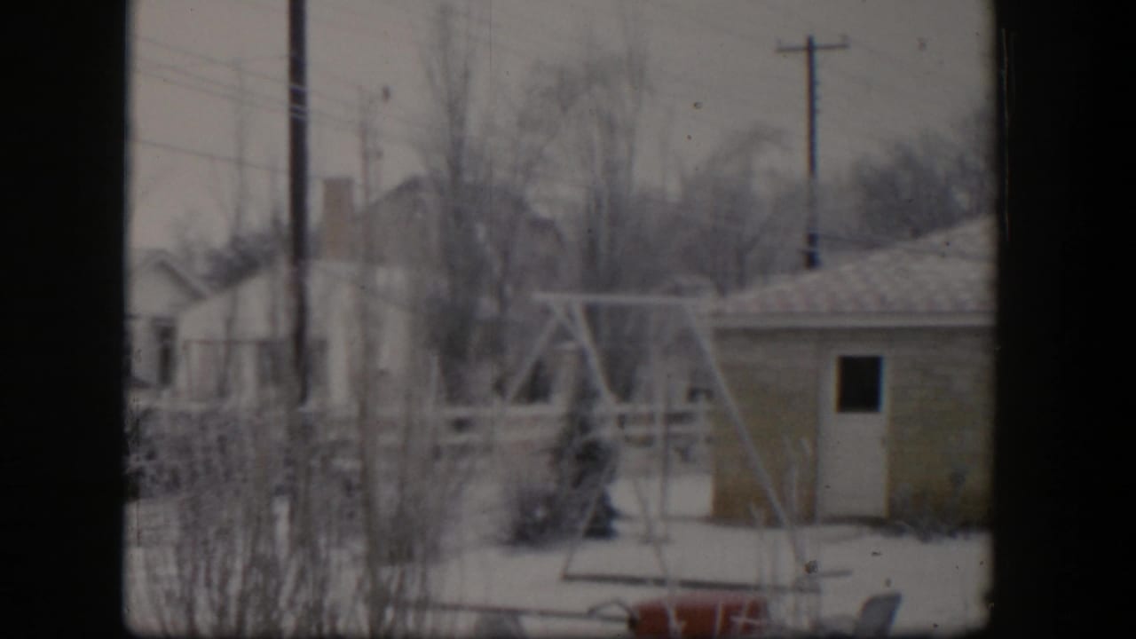 Snow-covered backyard with swing set, outbuilding, bare trees, utility poles, and house roofs.