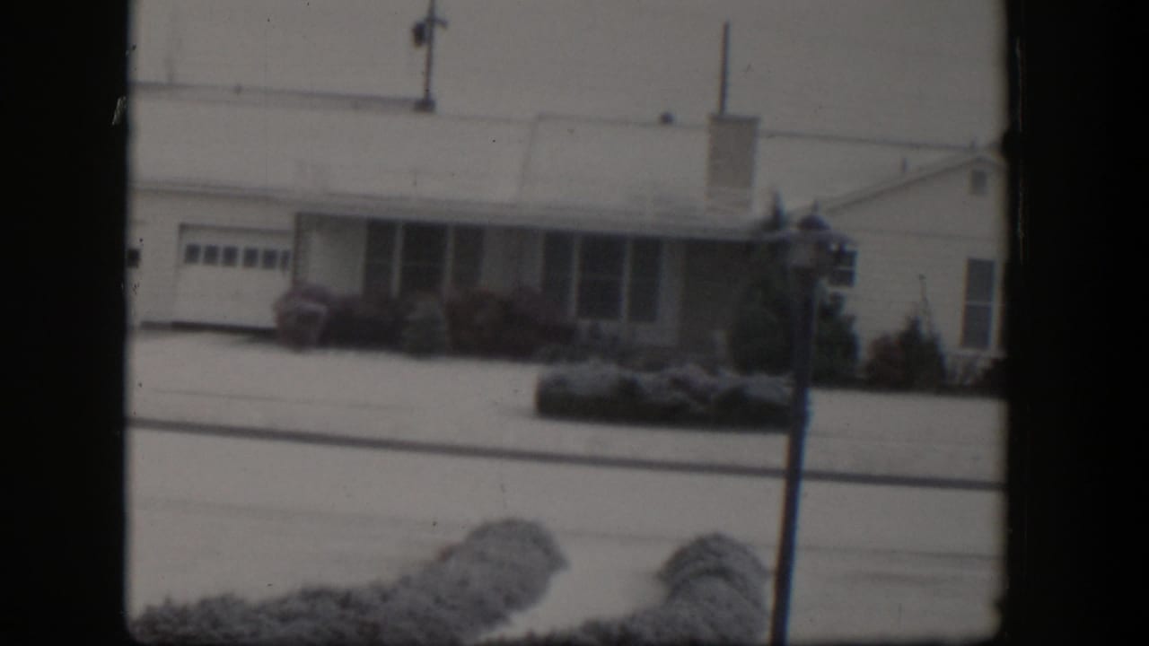 Snowy house exterior with garage, front shrubs, lamppost, and pale winter sky.