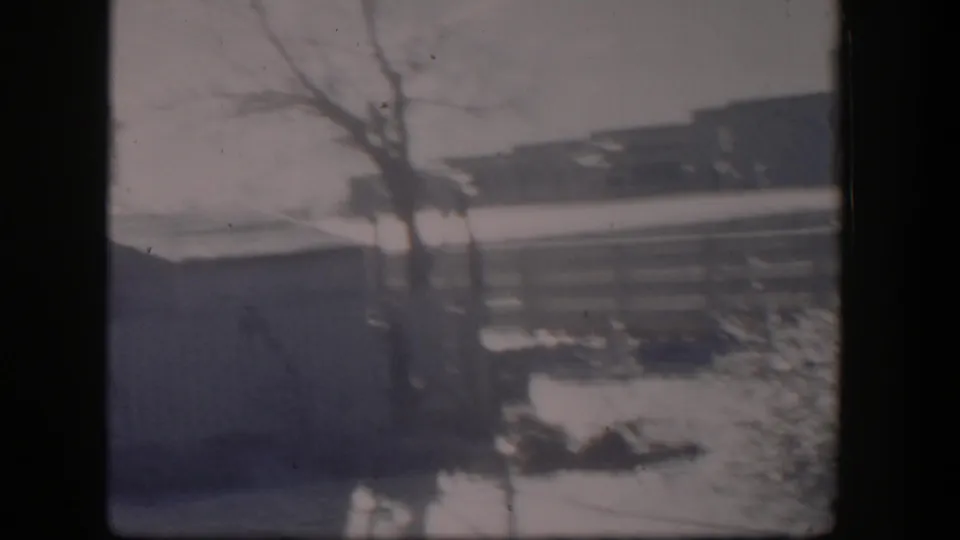 1954 Nevada rural frame showing a wooden fence, bare trees, overhead wires, and a distant low outbuilding or farmhouse.