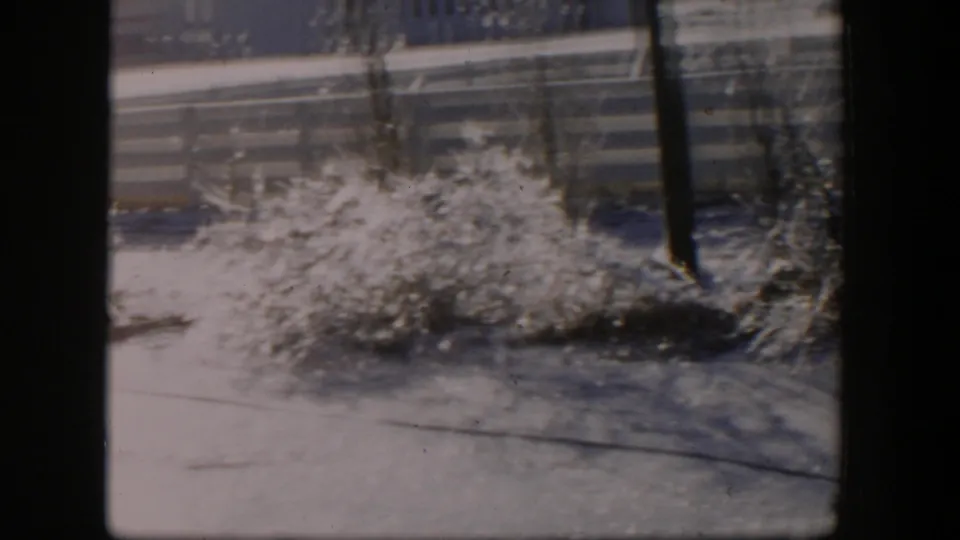 1954 Nevada 8mm frame showing icy bushes, snow on the ground, a fence, and a utility pole in a quiet winter yard.