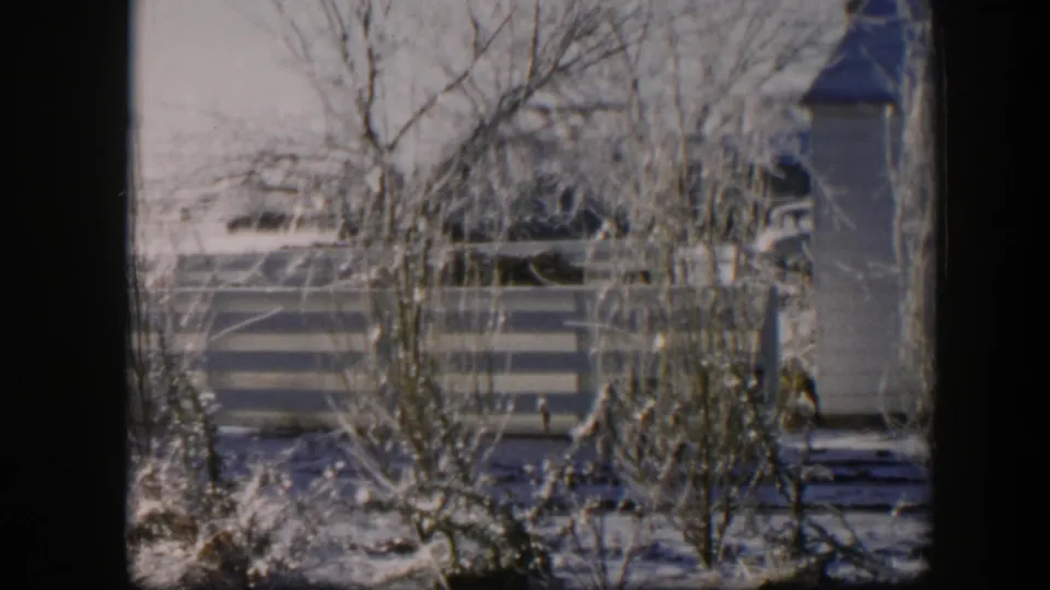 1954 Nevada 8mm frame with icy shrubs, bare trees, a wooden fence, snow, and the edge of a small building.