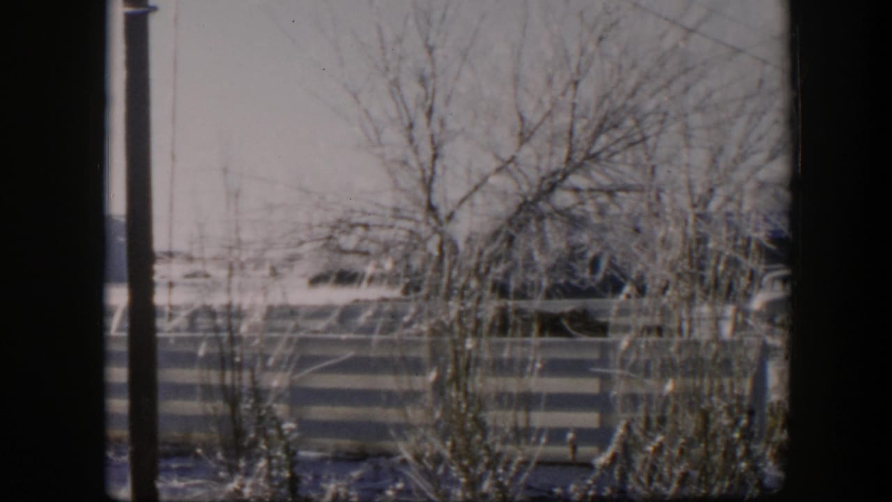 1954 Nevada 8mm frame looking through a window at bare winter trees, snow-covered ground, a striped fence, and low hills beyond.