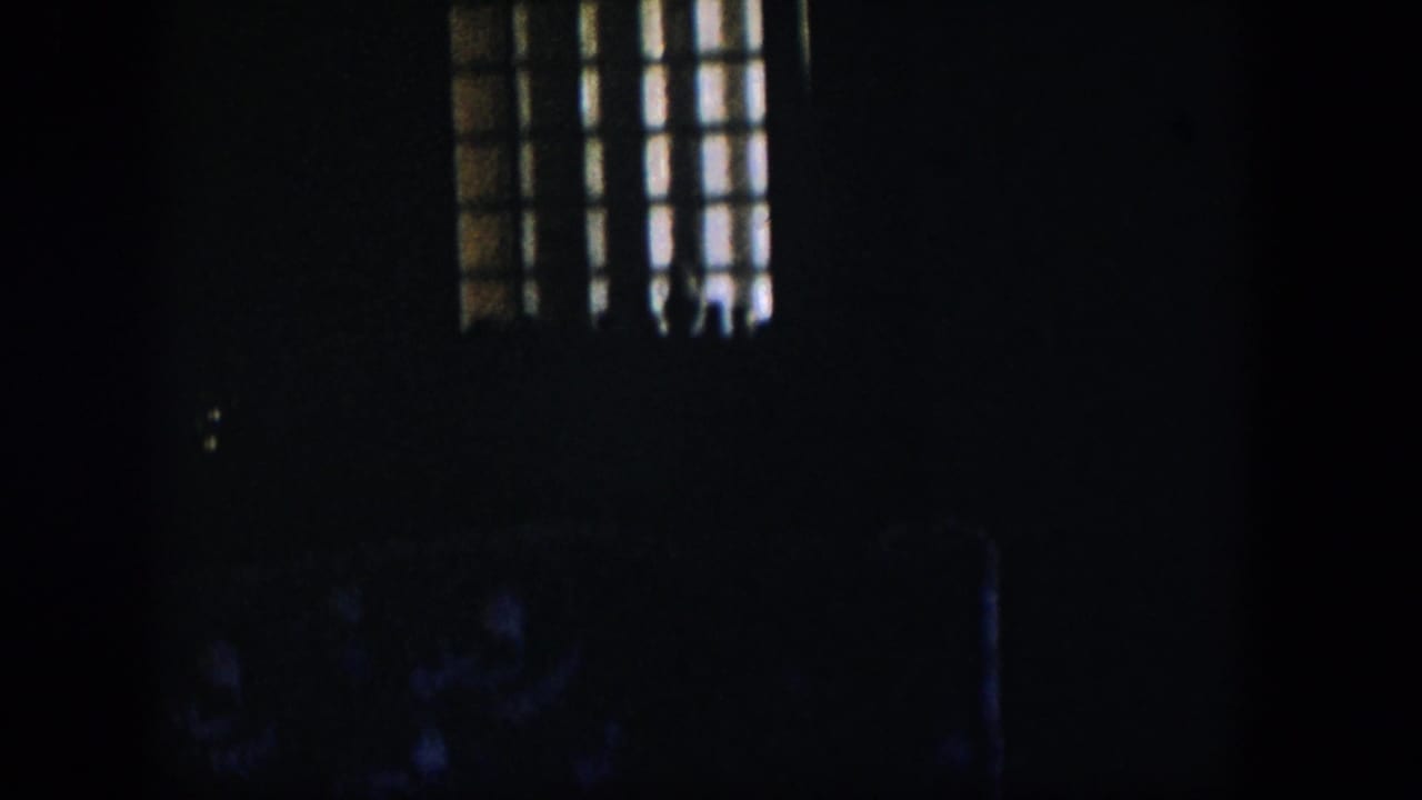 Dark interior with a barred window and faint upholstered furniture below.