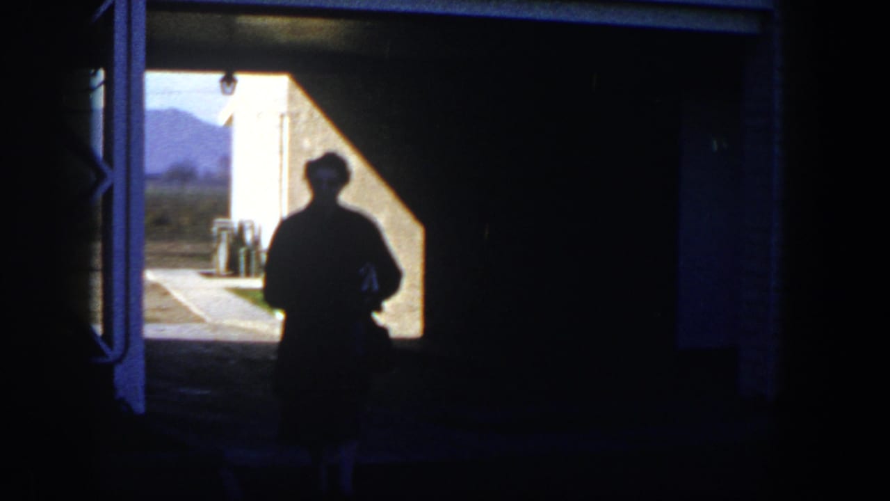 In 1954 Nevada home-movie footage, a woman in silhouette walks from a shaded garage opening toward a sunlit yard with mountains beyond.