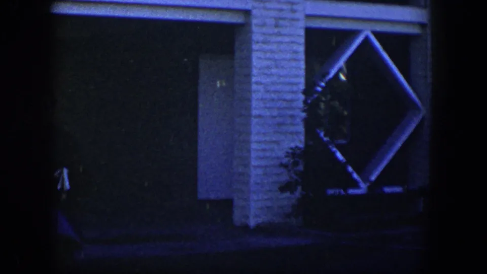 The frame settles on the shaded house exterior, showing a brick wall, dark garage area, angled window frame, and nearby shrubs.