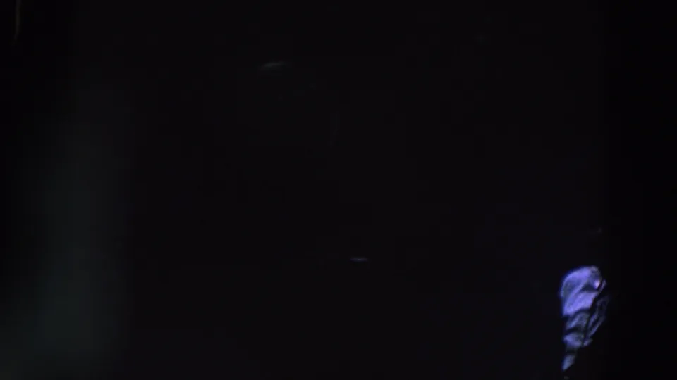 Dark 1961 Ireland home-movie frame with blue-purple light near the bottom and possible indistinct human shapes.