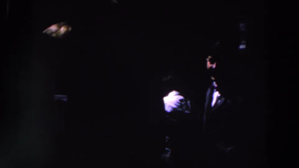 1961 Ireland 8mm frame showing two partly visible people in a dark interior, one marked by a pale shirt.