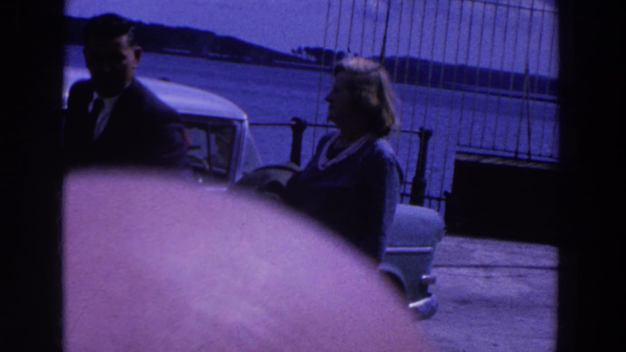 Man and woman beside a pale classic car near waterfront railings.