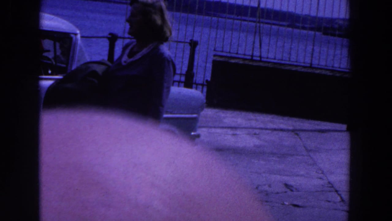 Woman in profile near a pale car and waterfront railing.