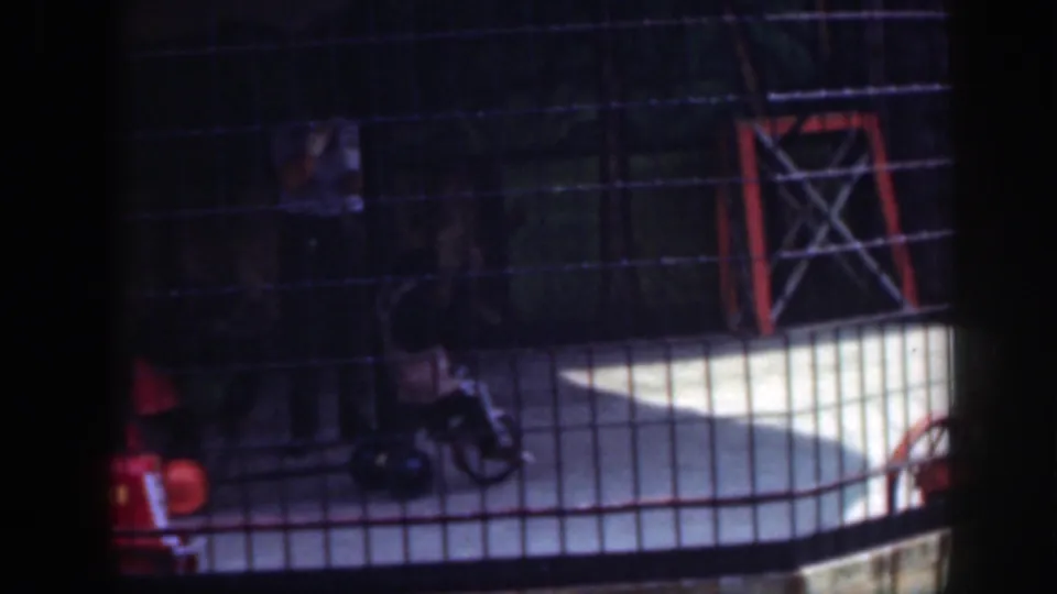 1948 Washington, DC home-movie frame showing a chimpanzee behind wire fencing with a small tricycle inside the enclosure.