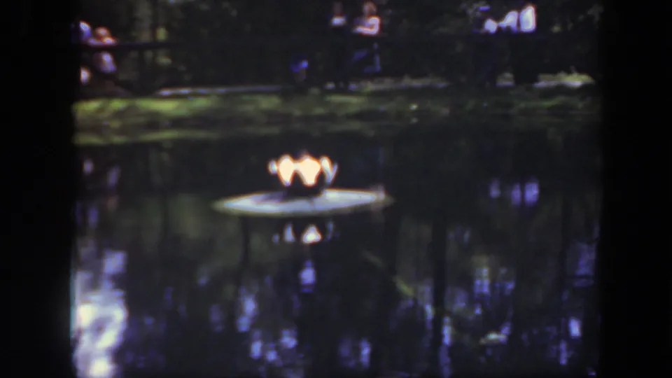 1948 Washington, DC zoo pond view with a glowing decorative lamp on a small platform and visitors visible across the water.