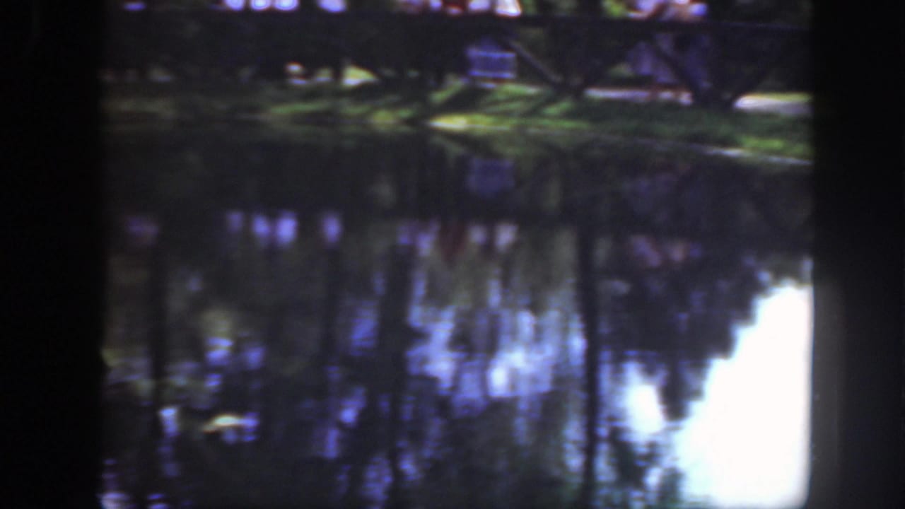 Pond with reflections below a wooden fence and distant people in a shaded park.