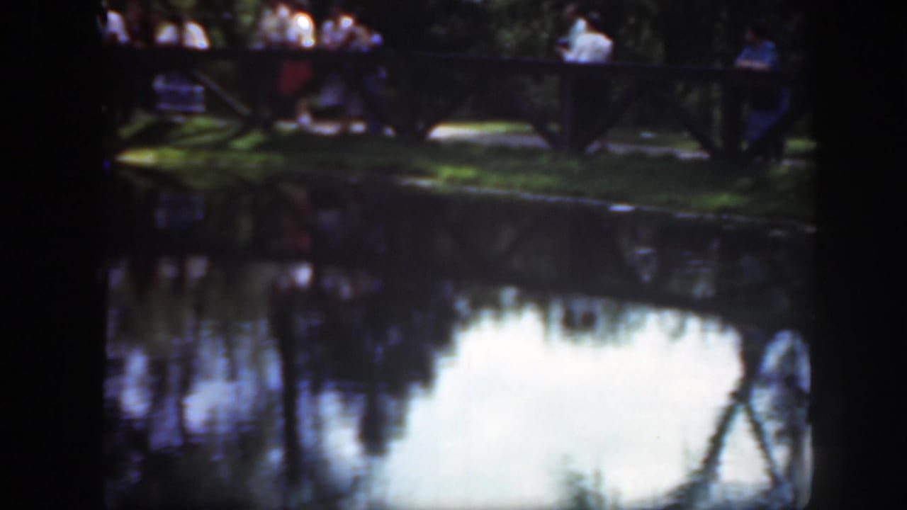 1948 Washington DC park view with a reflective pond, fenced grassy edge, trees, and people seated or standing in the background.