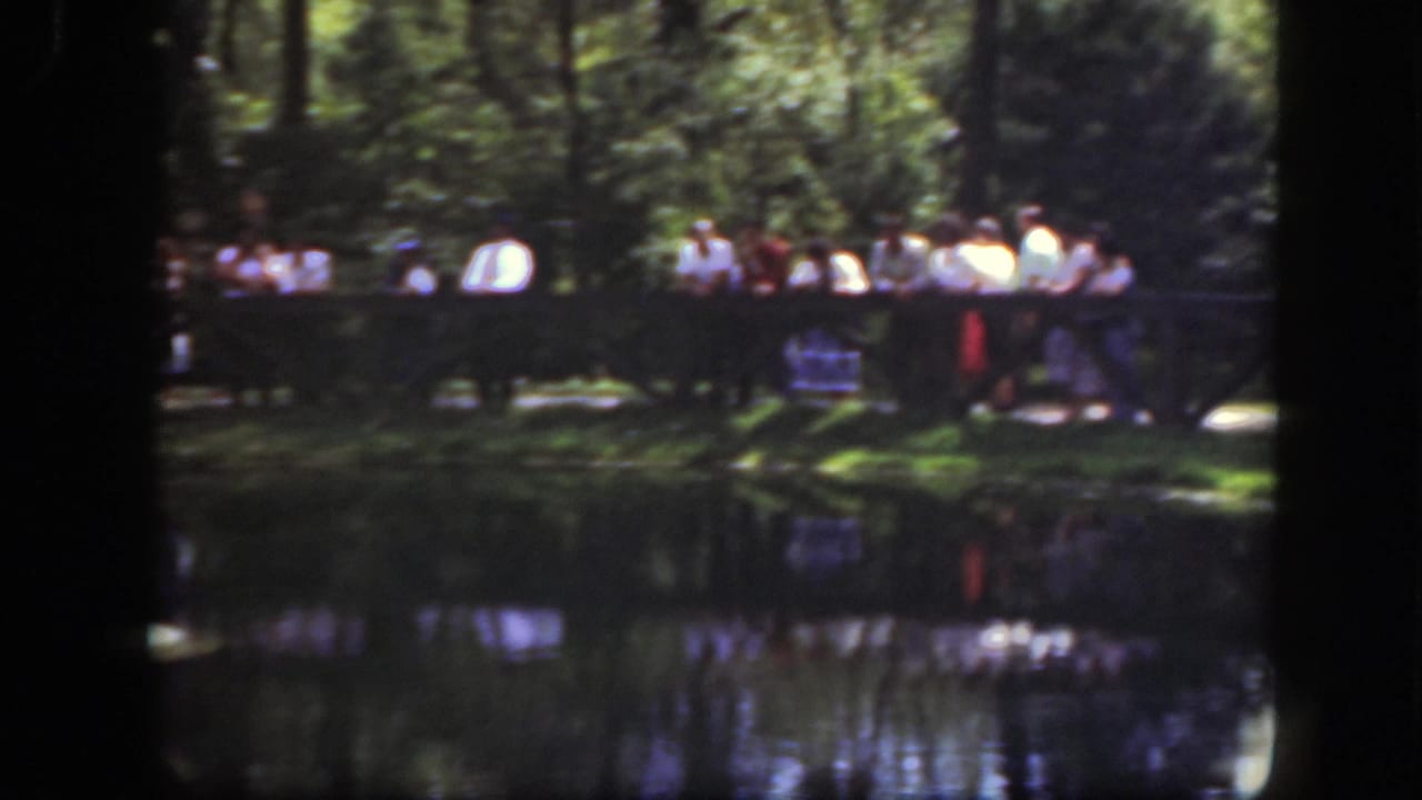 Visitors in period clothing cluster along a pond-side fence, with soft 8mm color and reflections across the water.