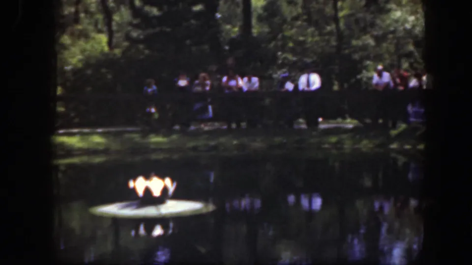 A yellow object floats on the pond while distant visitors stand behind the wooden fence in the shaded Washington, DC park scene.