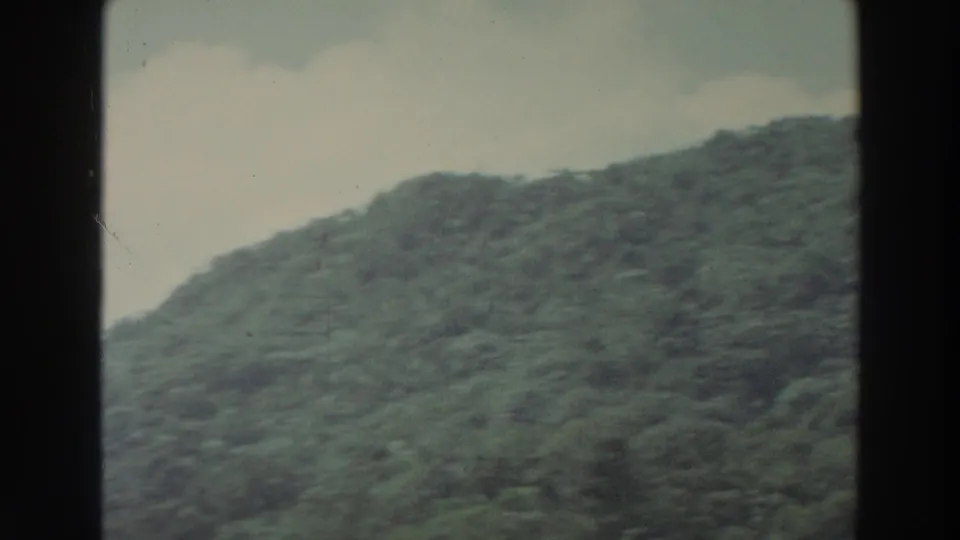 1966 Puerto Rico home-movie frame showing a green hillside or mountainside through soft focus and dark film borders.