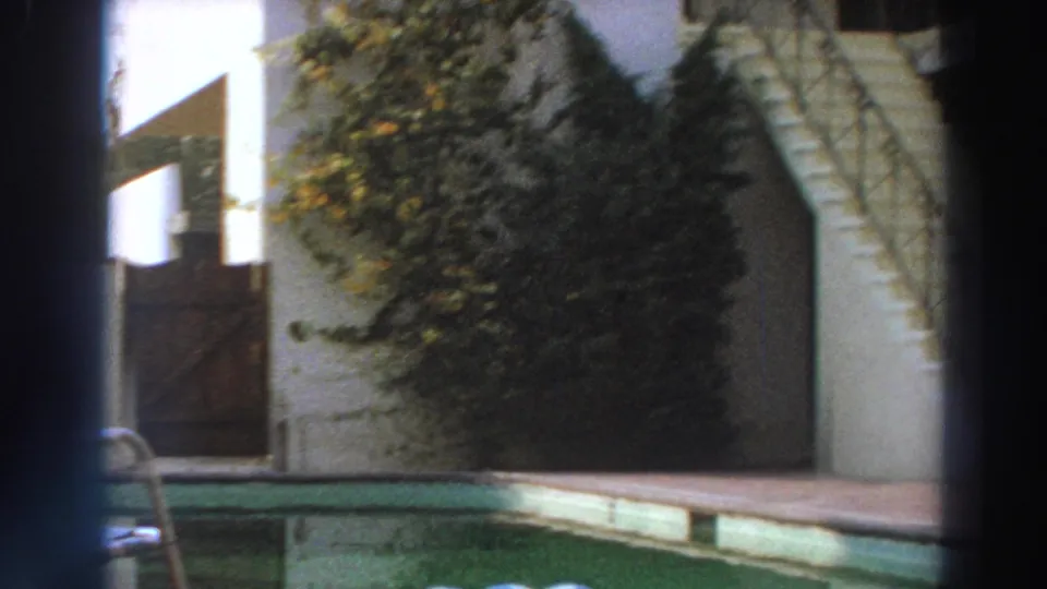 1966 Puerto Rico courtyard view with a small pool edge, wooden gate, stucco walls, and leafy plants.