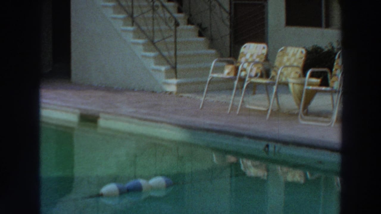 Pool and patio chairs seen through dark vertical window bars.