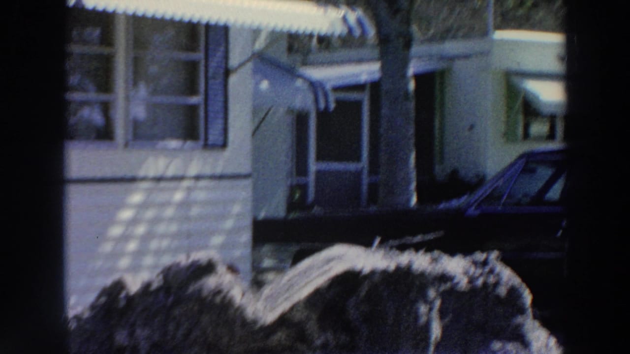 1966 Puerto Rico home-movie frame with a mobile home entrance, striped awning, nearby shrubs, tree trunk, and dark parked car.