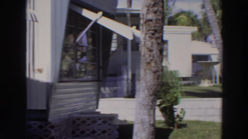 1966 Puerto Rico residential exterior showing a house corner, louvered window, striped awning, palm trunk, lawn, and low wall.