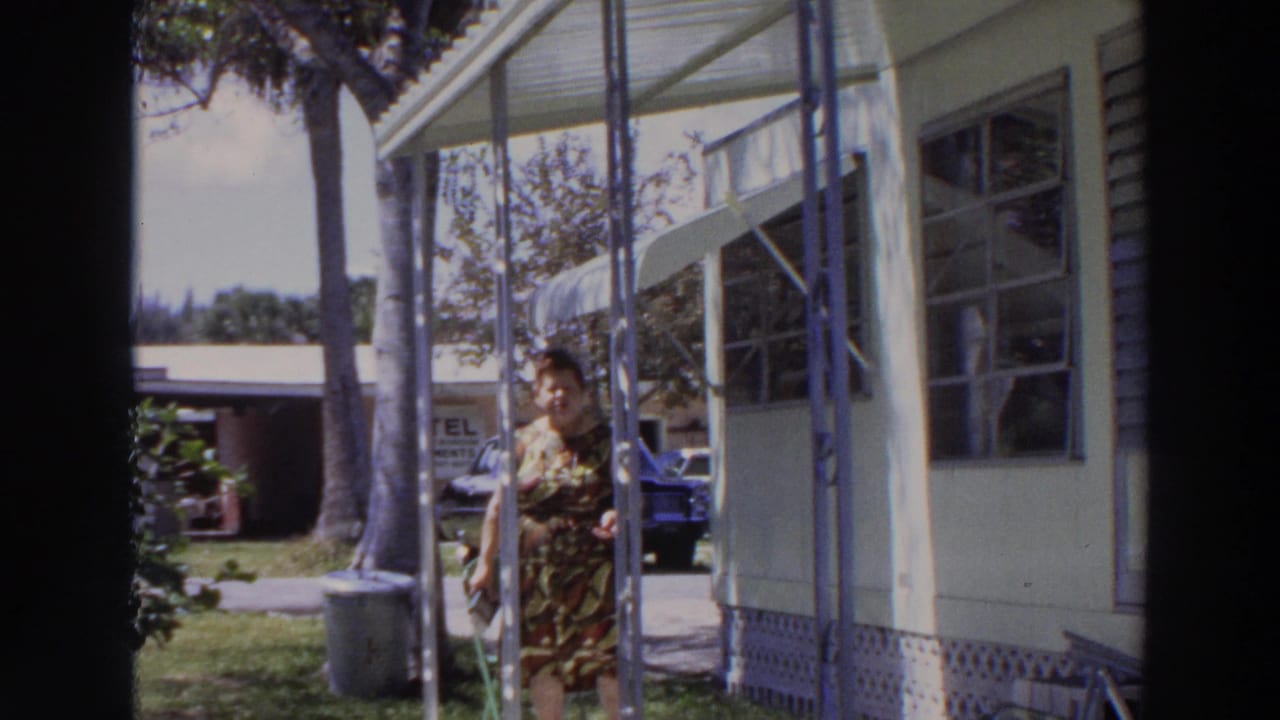 Woman in a patterned dress walking beside a light mobile home porch.
