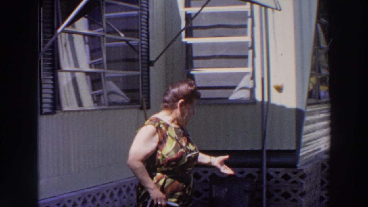Older woman gestures with one hand near louvered windows and porch skirting.