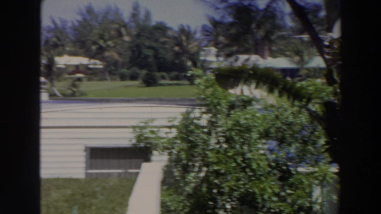 1966 Puerto Rico frame with a pale mobile home, shaded foreground post, shrubs, lawn, and palm-lined residential background.