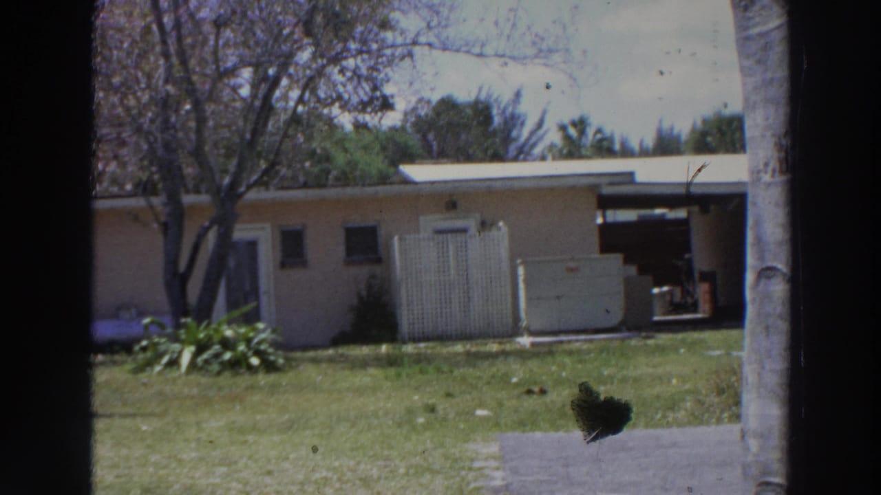 1966 Puerto Rico frame of a modest house and lawn, with trees, a walkway, and visible film debris in the lower-right area.