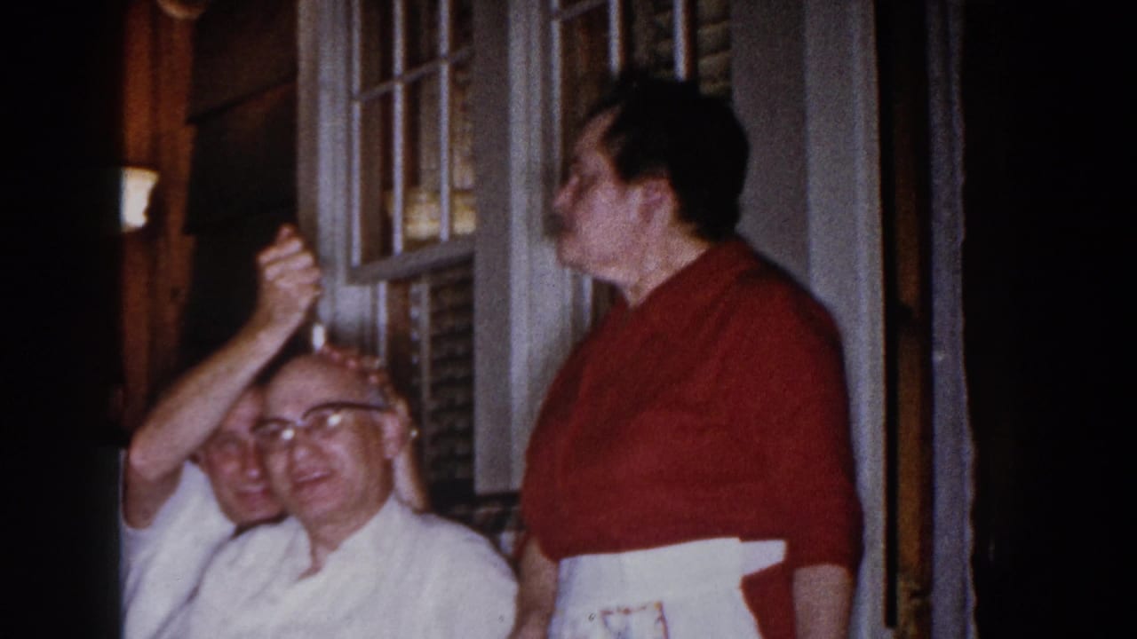 1960 Brighton, Michigan home-movie frame with adults at a family gathering, including a woman in a red top and white apron beside seated men.